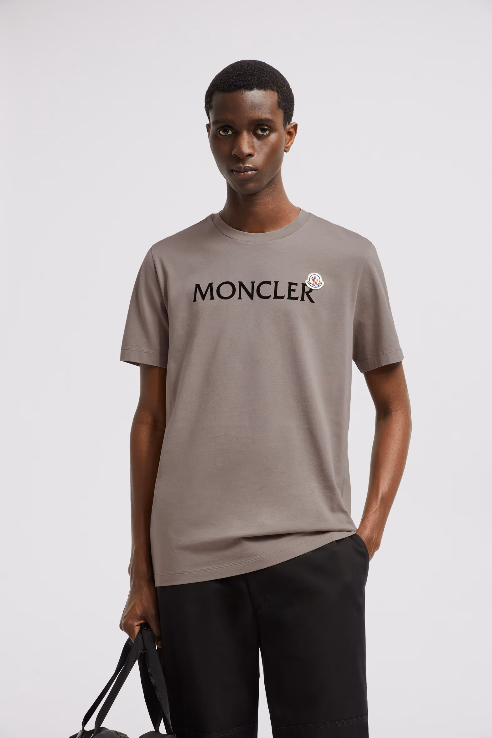 Flocked Logo Cotton T-Shirt Men Grey Moncler 0